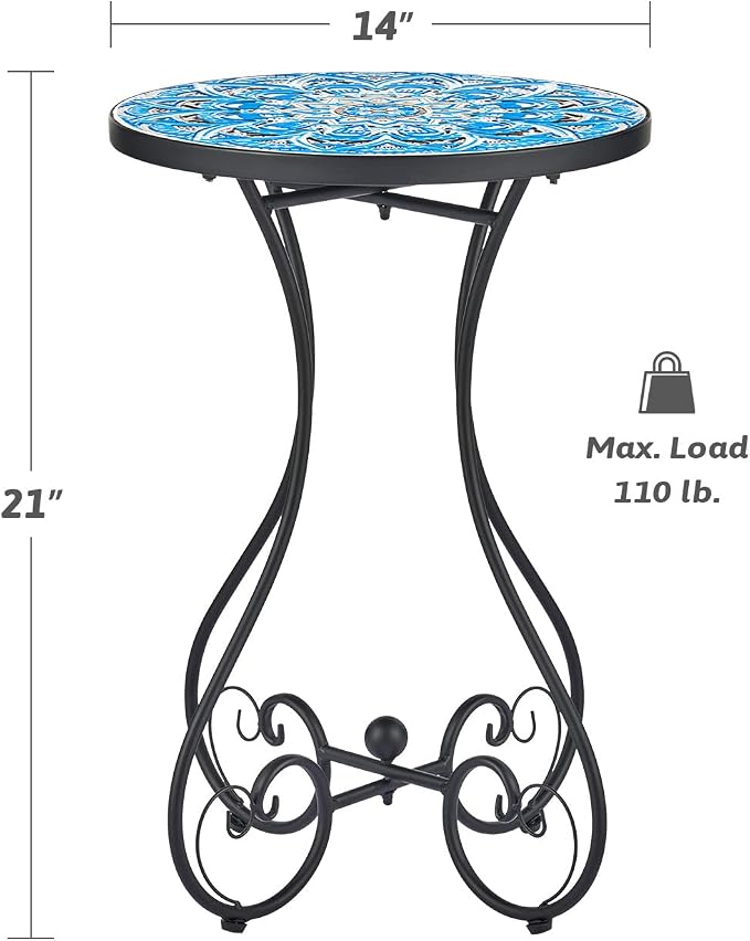 VONLUCE Outdoor Side Table and Mosaic Plant Stand, 21" Round End Table with 14" Ceramic Tile Top for Patio Porch Decor, Indoor & Outdoor Accent Table, Small Coffee Table for Home Garden, Blue Mandala