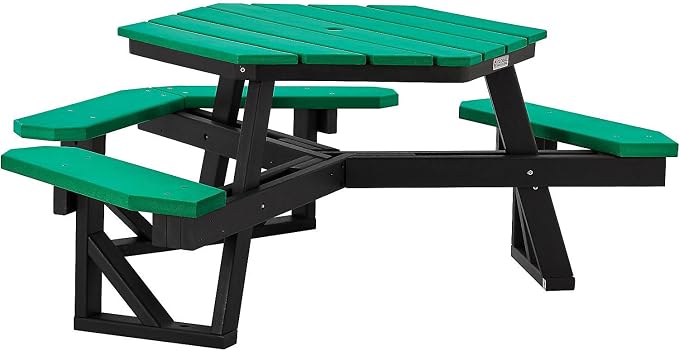 Global Industrial Outdoor 46" Hexagonal ADA Accessible Picnic Table with 3 Attached Benches, Recycled Plastic Construction, 1600 Lbs Weight Capacity, Green