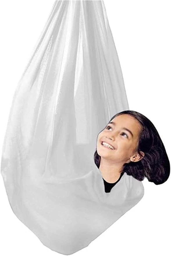Sensory Child Nylon Swing Elastic Parcel Cuddle Swings Indoor Soft Hanging Hammock Up to 200kg Calming Effect On Children Includes Hardware (Color : White, Size : 150 x 280 cm)