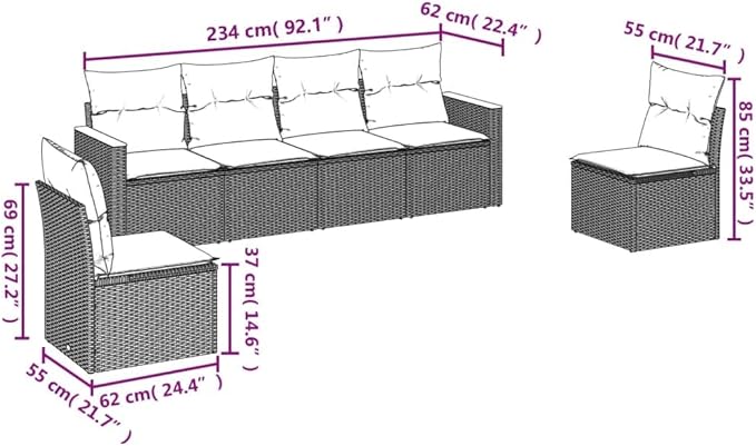 6 Piece Patio Sofa Set with Cushions, Front Porch Furniture Porch Furniture Set Patio Conversation Set Outdoor Dining Sets for Garden Poolside Exhibition Negotiation Area Black Poly Rattan