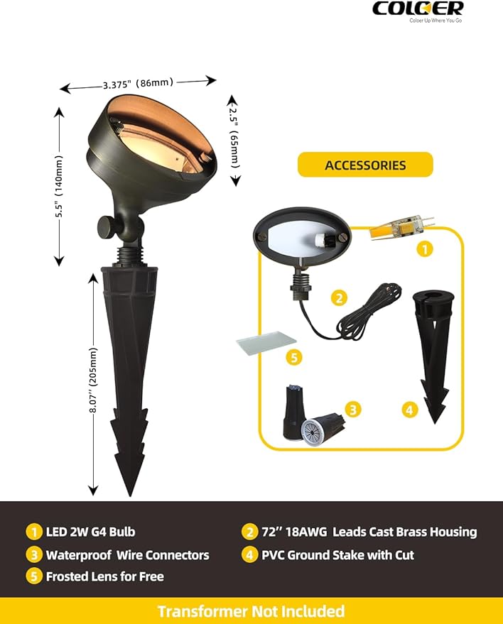 COLOER Die-cast Brass LED Landscape Flood Lights Outdoor, 3W 9-17 Volt Low Voltage Wall Wash Lighting, Outdoor Floodlight for Illuminating Signs, Walls and Plant Material(501B,1-Pack with G4 Bulb)