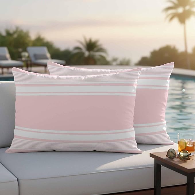 Outdoor Waterproof Throw Pillow Covers, Pink Striped Decorative Pillow Cases, Modern Color Block Farmhouse Stripes Couch Pillow Protector Patio Sofa Cushion Covers Replacement 20"x12" 2 Pack