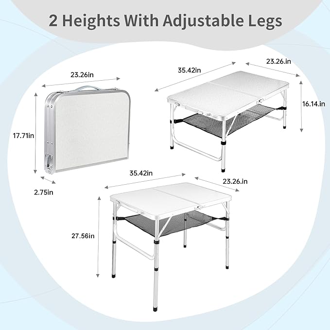 Medium Folding Table, 35" x 24" Portable Camping Table with 2 Adjustable Height Max 28", 3FT Foldable Table with Storage Net, White Metal Table for Patio, BBQ, Camping and Backpacking