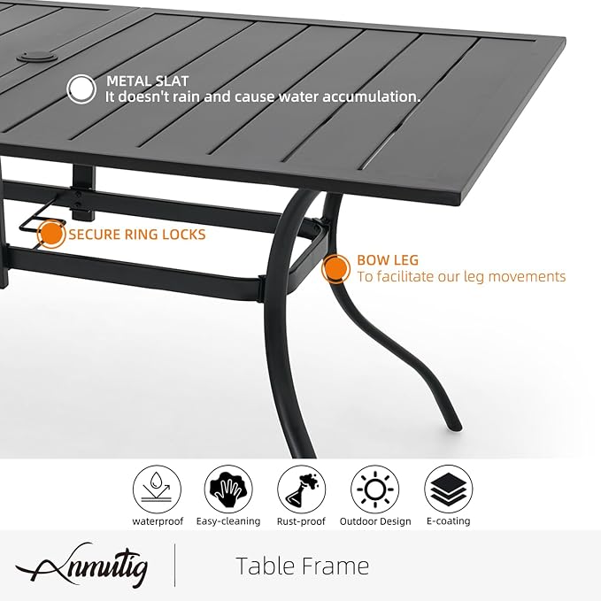 7 Piece Outdoor Dining Set, Grey Swivel Chairs and 63" Rectangle Table Sty1 | 6 Piece Swivel Chairs: High Back, Retro Armrest, Textilene Fabric, Rocking; 63"x38"x28" Metal Rectangle Table, All Weather