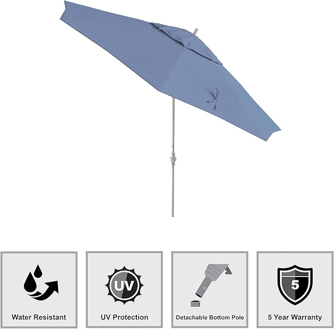 California Umbrella 11Ft Premium Sunbrella Patio Umbrella, Hand-Crank, Tilt-Collar, White Frame, Air Blue Fabric