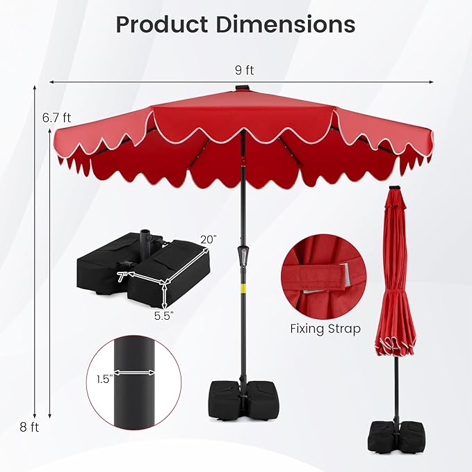 Tangkula 9 FT Solar Patio Umbrella with Base Included, 2-Tiers Outdoor Scalloped Table Umbrella with 32 LED Lights, 2 Sandbags, Tilt Adjustment, Crank, 8 Ribs for Market Backyard Pool Deck Beach Lawn