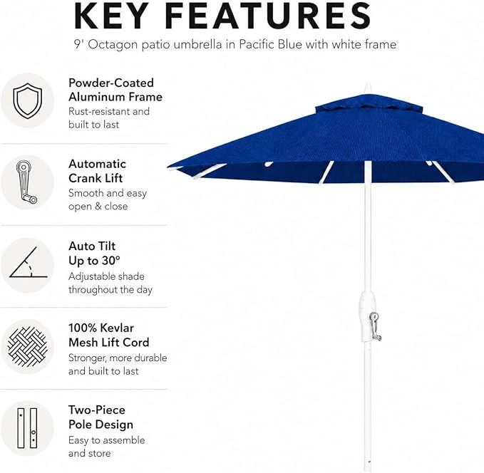 Treasure Garden 9ft Patio Umbrella - Outdoor Furniture Market Umbrella – Deluxe Auto-Tilt – White Aluminum Frame (Sunbrella, Pacific Blue)