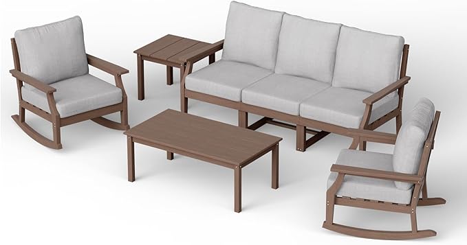 HDPE Patio Conversation Set, 7-Piece All Weather Outdoor Furniture Set with 2 Single Rocking Armchairs for Deck, Lawn, with Cushion, Brown