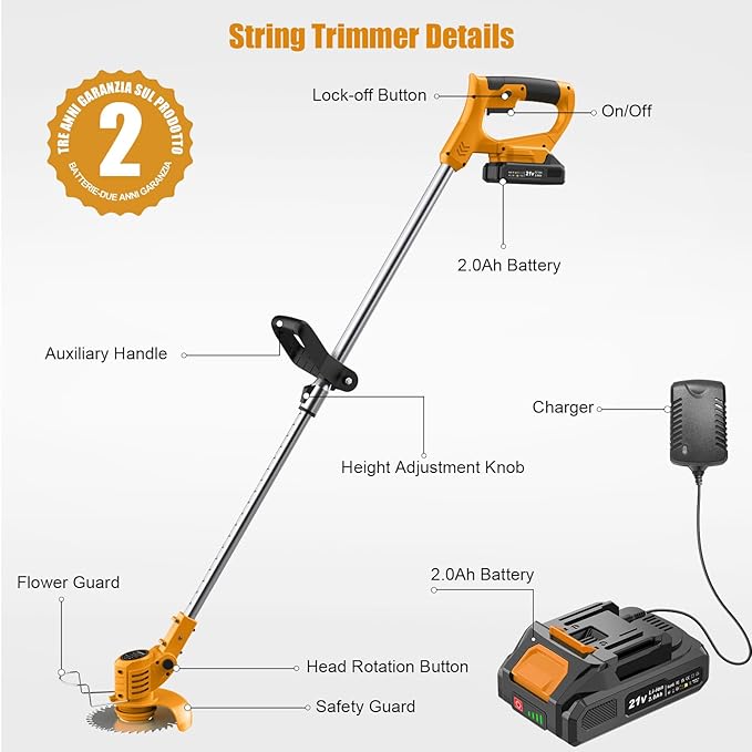String Trimmer Cordless - 21V Battery Powered Weed Wacker, 2 X 2.0Ah Battery and a Charger, Grass Trimmer, Brush Cutter and Edger Lawn for Garden/Yard