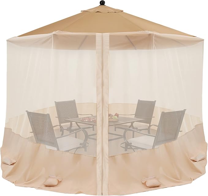 COOSHADE 7.5-11FT Patio Umbrella Mosquito Netting Polyester Screen Mesh Net for Outdoor Umbrella with Zipper Door and Weight Bag Beige