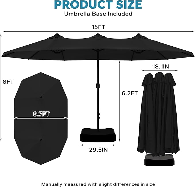 15ft Large Double-sided Pool Umbrella with Base Included, Outdoor Patio Umbrella with Crank Handle, Market Umbrella for Garden, Backyard (Black)