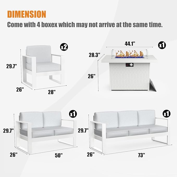 5 Piece Modern Aluminum Patio Furniture Set with Fire Pit Table, Outdoor Patio Sectional Conversation Metal Seating Sets with Olefin Cushion