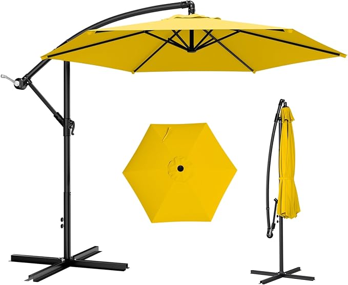 AreShark 10FT Patio Outdoor Umbrella, Offset Patio Umbrella Cantilever Umbrella, 6 Sturdy Ribs, Easy Adjustment for Garden Market Pool with Cross Base (Yellow)