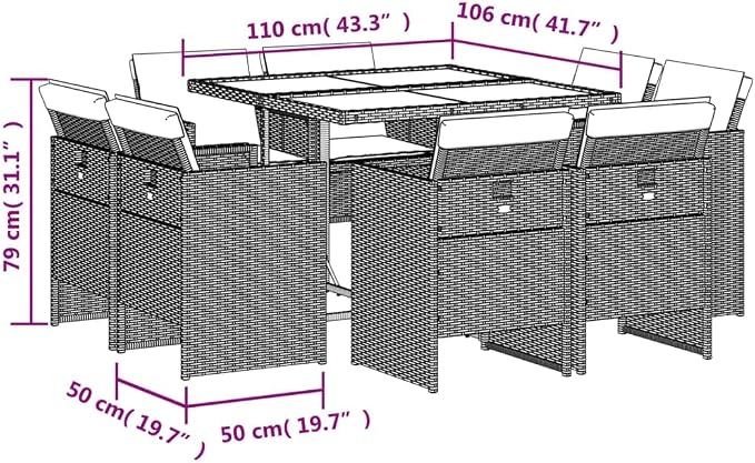 9-Piece Patio Dining Set with Cushions Gray Poly Rattan Outdoor Furniture Set for Garden Backyard Balcony Porch