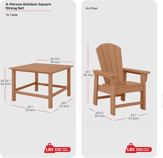 Costaelm Paradise Kids 5-Piece HDPE Outdoor Square Patio Dining Table and Chairs Set, Teak