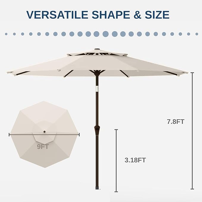 9FT Patio Umbrella 2-Tier Outdoor Market Table Umbrella with Push-Button Tilt & Crank | UPF 50+ & Waterproof for Backyard,Garden,Pool,Deck(Creamy-white)