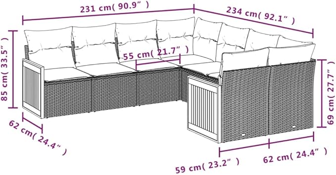 8 Piece Patio Sofa Set with Cushions, Patio Conversation Set Outdoor Sofa Sets Sectional Sofa Garden Lounge Set for Poolside Garden Negotiation Area Exhibition Black Poly Rattan