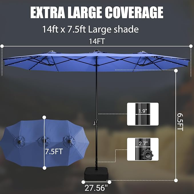 CHABATREE 15FT Double-Sided Patio Umbrella with Base Included, Large Outdoor Rectangular Market Umbrella for Backyard, Poolside, Lawn & Garden, Blue