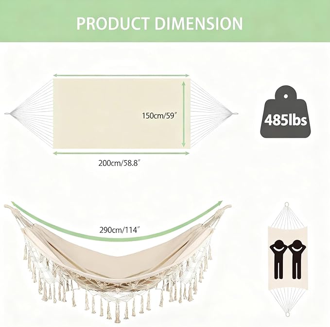 Goutime Double Hammock, Macrame Boho Cotton Hammock with Hanging Ropes, Portable for Camping Patio Backyard Indoor Outdoor,485LBS Capacity (Beige)
