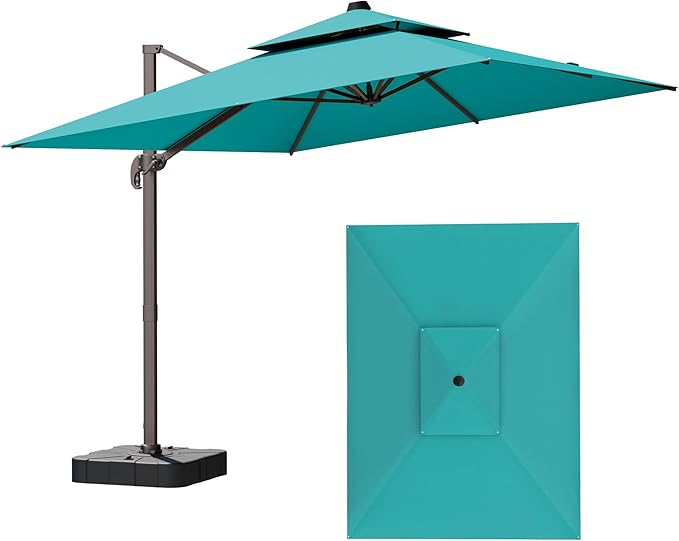 9x12FT Cantilever Patio Umbrella - Heavy Duty Double Layer Offset Design with 360° Rotation, Large Rectangle Sun Shade Umbrella for Garden, Deck, Pool, Backyard, Turquoise