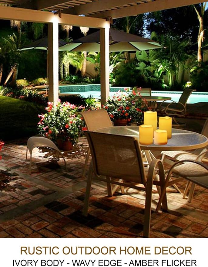 Set of 4 Outdoor Pillar Candles with Timer Waterproof - Battery Operated LED Pillar Candles with Remote 3x3 3x4 3x5 3x6 - Plastic Flickering Flameless Pillar Candles Unscented for Outside