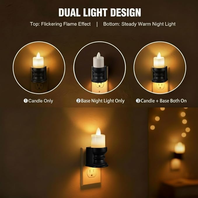 Meonum Flickering Flameless Candle Night Light Plug in, Dimmable LED Nightlight with Dusk to Dawn Sensor, Decorative Candle Light for Bedroom, Hallway, Bathroom(1 Pcs,Warm Yellow & Black Base)