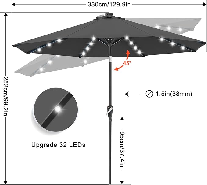 ABCCANOPY Durable Solar Led Patio Umbrellas with 32LED Lights 11FT (Deep Gray)