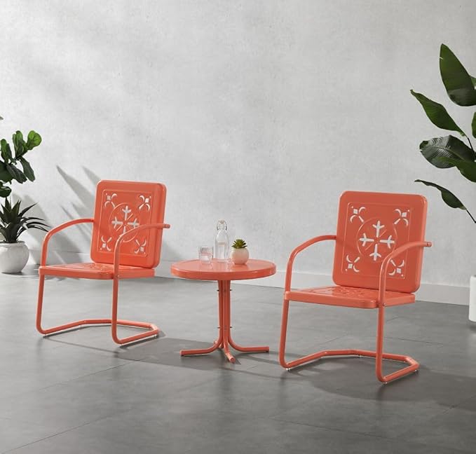 Crosley Furniture Azalea 3-Piece Vintage Outdoor Chair and Side Table Set, Retro Metal Patio Conversation Sets, Coral Gloss