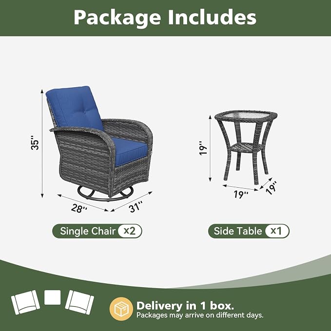 Aoxun 3 Piece Outdoor Patio Furniture Set with Side Table, Outdoor Patio Furniture Sets with High Back Swivel Rocker Chairs, Outdoor Sofa Set with Ottoman for Backyard & Garden, Navy Blue