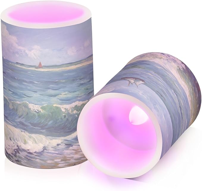Van Gogh Sailboat Flameless Candles Color Changing LED Candles with Remote Control Battery Candles for Outdoor and Indoor Home and Room Decoration, 3'' x 4''/5'' Set of 2 Pieces