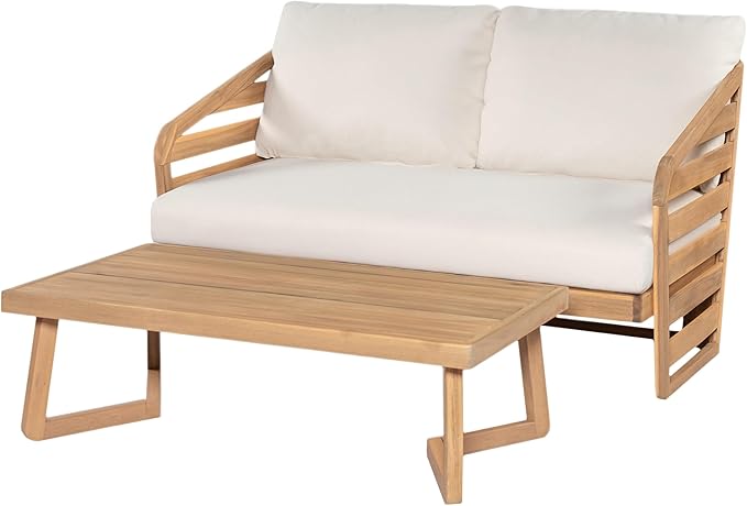 Christopher Knight Home Meiko Patio 2 Pieces Conversation Set, Acacia Wood Loveseat with Cushion and Coffee Table, Slat Panel Outdoor Sofa and Rectangular Table for Backyard Garden, Teak+Beige