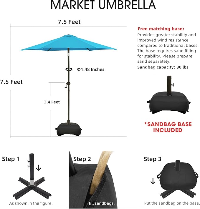 wikiwiki 7.5FT Patio Umbrella with Base, Outdoor Umbrellas with Base Included, 6 Sturdy Ribs, Waterproof Fade Resistant POLYESTER DTY Canopy for Deck, Lawn, Garden, Backyard & Pool, Sky Blue