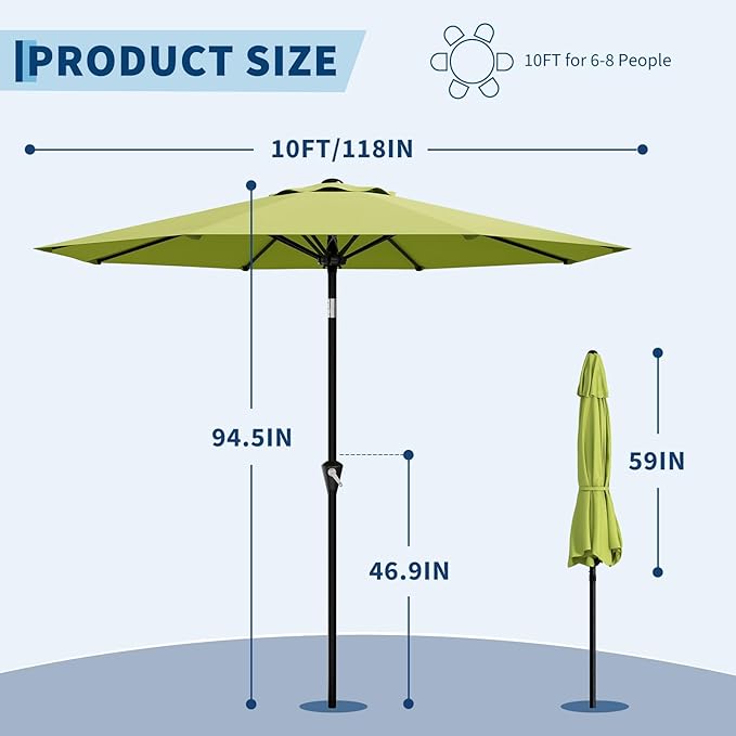 Garvee 10FT Patio Umbrella - Outdoor Table Umbrella with Smooth Crank Lift, Push Button Tilt and 8 Sturdy Ribs - Market Umbrella UV Protection Waterproof for Pool, Deck, Yard, Garden