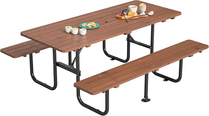 72" Rectangular Commercial Picnic Table for 6 Person, Heavy Duty Outdoors Dining Table Set with Wooden Top, Metal Legs,1.97" Umbrella Hole,Waterproof & Corrosion-Resistant, Ideal for Garden, Backyard