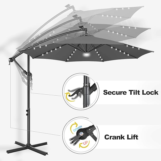 FLAME&SHADE 10ft Solar Cantilever Umbrella with 40 LED Lights, Lighted Large Offset Outdoor Patio Umbrellas, 8 Sturdy Ribs, UPF50+ UV Protection for Pool Deck Garden Yard, Anthracite