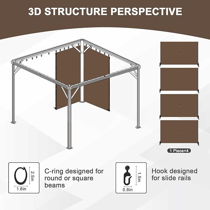 Aoodor 12x16 ft Outdoor Gazebo Curtains, 4 Panels Waterproof Privacy Sidewall Replacement with Zipper for Patio Pergola and Canopy, Brown