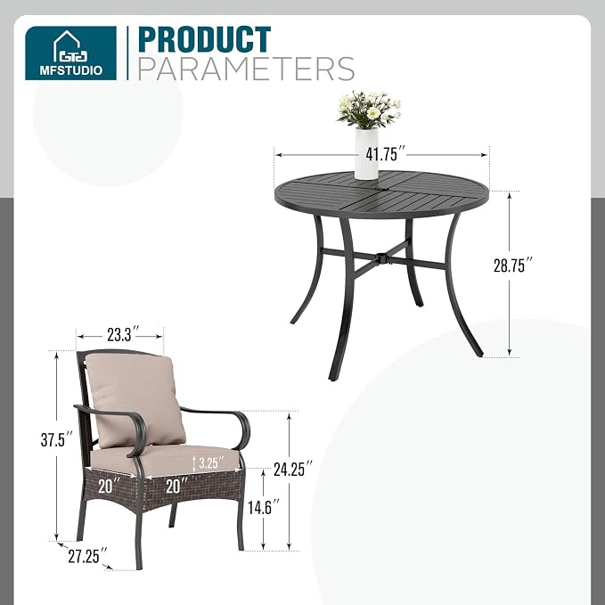 MFSTUDIO Round Patio Table and Chairs, 5 Piece Patio Dining Set, Outdoor Table and Chairs for 4, Square Metal Dining Table with Leg Chairs, Outdoor Dining Furniture Set for 4, 1.57-1.9’’ Umbrella Hole