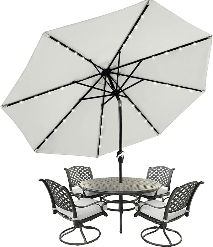 MASTERCANOPY 9FT 8Ribs Patio Umbrella with 32 Solar LED Lights, Outdoor Market Umbrella with Tilt & Crank, UV Protection & Fade Resistant Fabric, Easy Set-Up for Garden, Deck, Pool (Light Gray)