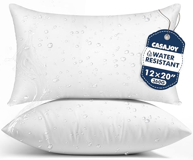 Pack of 2 12x20 Outdoor Pillow Inserts, Water Resistant Throw Pillow Inserts, Outdoor Lumbar Pillow for Patio, Furniture, Sofa, Bed, Living Room, Garden Decorative Waterproof Pillow Inserts