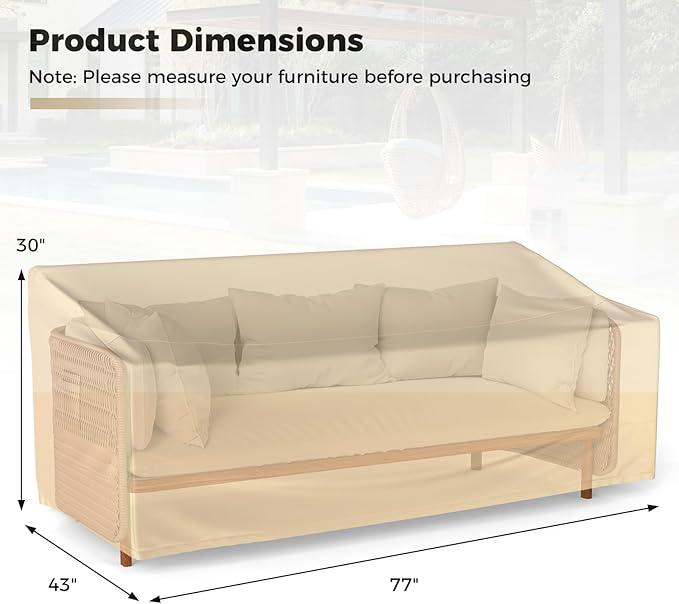 Tangkula 3-Seater Patio Sofa Cover, Waterproof Protective Cover for Outdoor Furniture w/Padded Handle, Click-Close Straps & Air Vent, Heavy Duty Deep Couch Cover w/PU Coating, 77" W x 43" H x 30" H