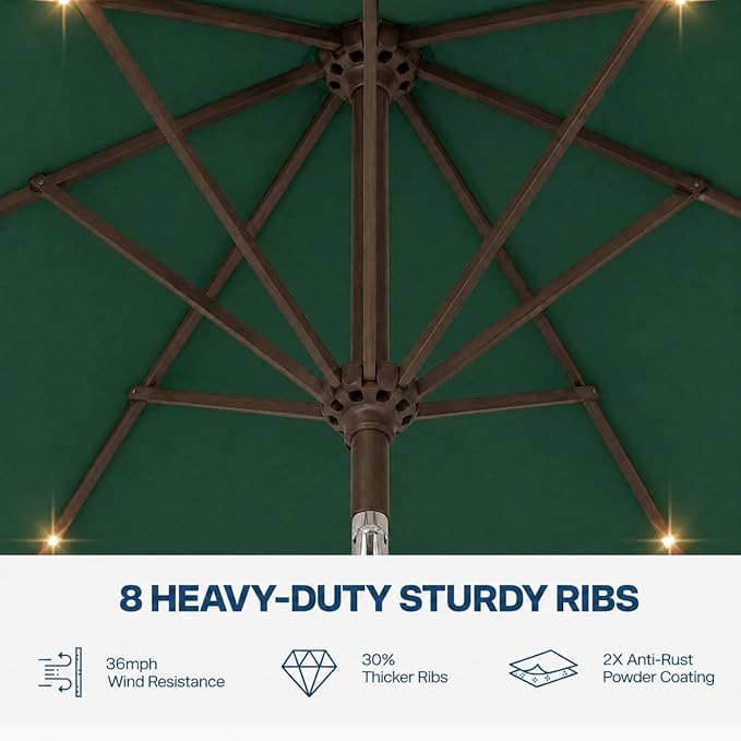 11FT Solar Patio Umbrella with Lights, Outdoor Table Market Umbrella with 32 LED Lights, 8 Sturdy Ribs, Smooth Crank Lift for Pool, Deck and Garden, UV-Resistant