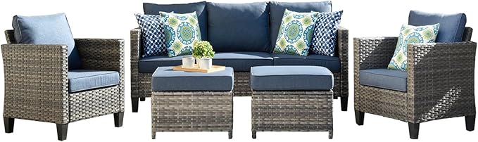 HOOOWOOO 5-Piece Luxury Patio Furniture Set– Stylish, Comfortable Outdoor Rattan Sofa Set with 2 Chairs, 2 Ottoamns, Weather-Resistant Patio Conversation Set for Deck, Garden, Balcony (Denim Blue)