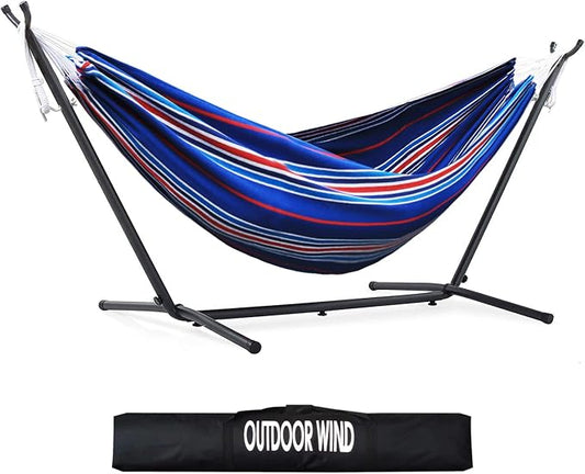 550lbs Capacity Double Hammock Adjustable Hammock Bed with 10ft Heavy Duty Steel Stand Includes Portable Carrying Case, Easy Set up Blue Pinstrip B