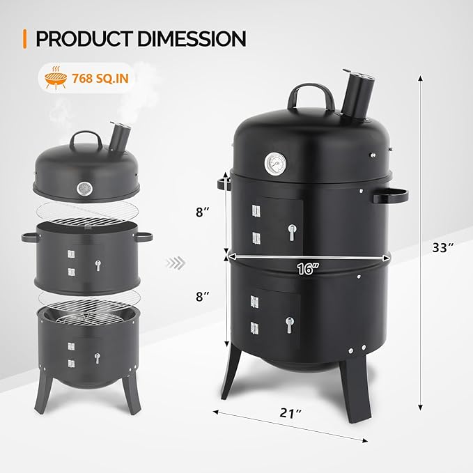 VINGLI Upgraded 18 Inch Vertical Charcoal Smoker, Multi-Layer Round Grill with Thermometer & Chimney, Heavy Duty Outdoor BBQ Smoker for Patio Parties, Backyard Cooking