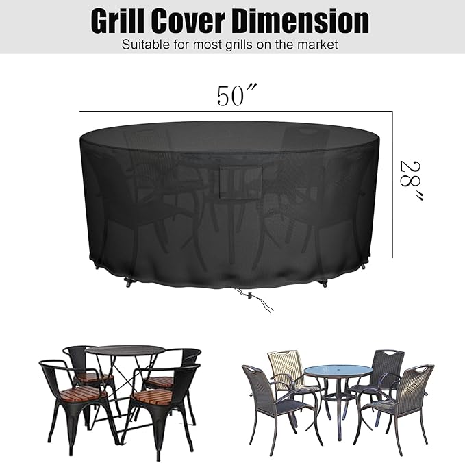 Falflor Round Patio Table & Chair Cover - 600D Oxford, Waterproof, Windproof, Anti-UV - 50''D x 28''H