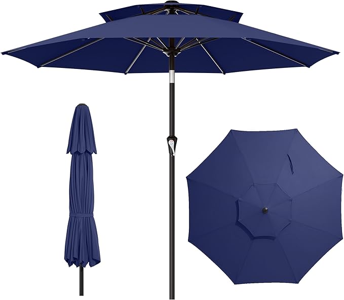 AreShark 9ft 2 Tiers Patio Umbrella - Outdoor Umbrella Waterproof UV Protection, Market Table Umbrella w/Push Button Tilt&Crank for Pool, Porch, Garden(Navy)