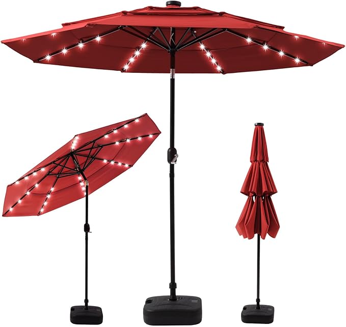 COSIEST 9FT 3 Tiers Patio Umbrella with Solar Lights, LED Outdoor Umbrellas with 8 Sturdy Ribs, Market Patio Table Umbrella with Push Button Tilt, Pool Umbrellas for Garden, Pool, Backyard