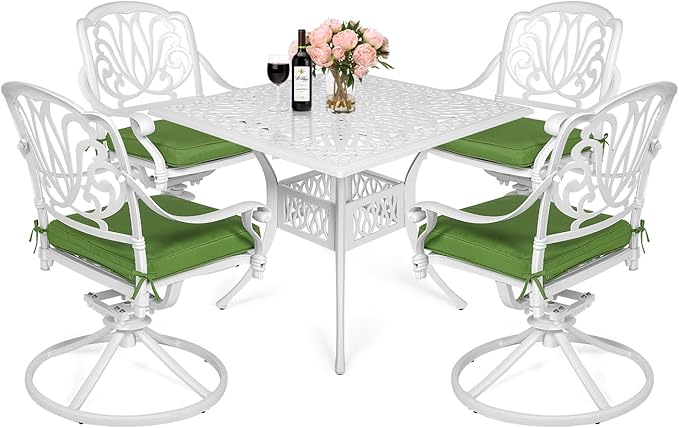 MEETWARM 5-Piece Outdoor Patio Dining Set, All-Weather Cast Aluminum Patio Conversation Set for Backyard Garden Deck with 4 Cushions Swivel Rocker Chairs and 35.4" Square Table, White
