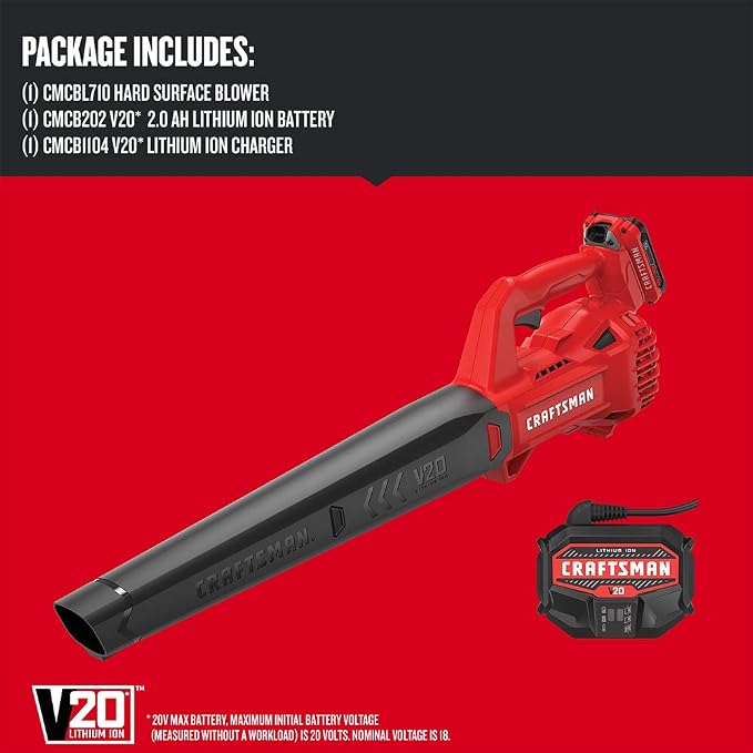 CRAFTSMAN 20V MAX Cordless Leaf Blower Kit with Battery & Charger Included (CMCBL710D1) Red | Craftsman Electric Pressure Washer, Cold Water, 1700-PSI, 1.2-GPM, Corded (CMEPW1700)