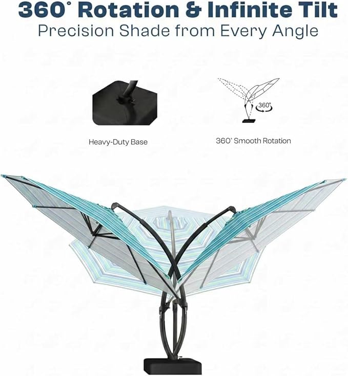 11 FT Cantilever Umbrella with Base Included, Large Round 360° Rotation Offset Umbrella Outdoor Patio, Heavy Duty Aluminum Frame, Sand-Weighted Stand, for Deck, Backyard, Pool, Garden (Blue and green stripes)
